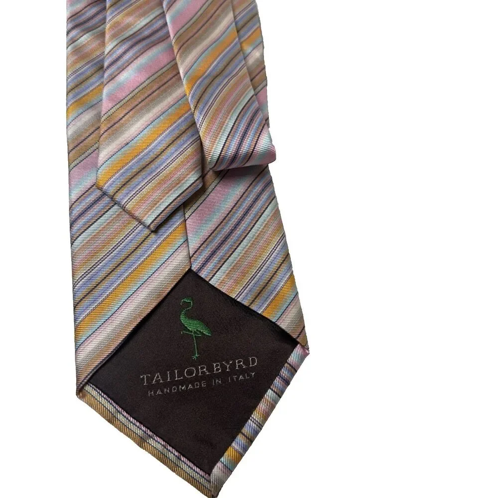 Tailor Byrd Striped 100% Silk Tie Pink Blue Yellow White Italy